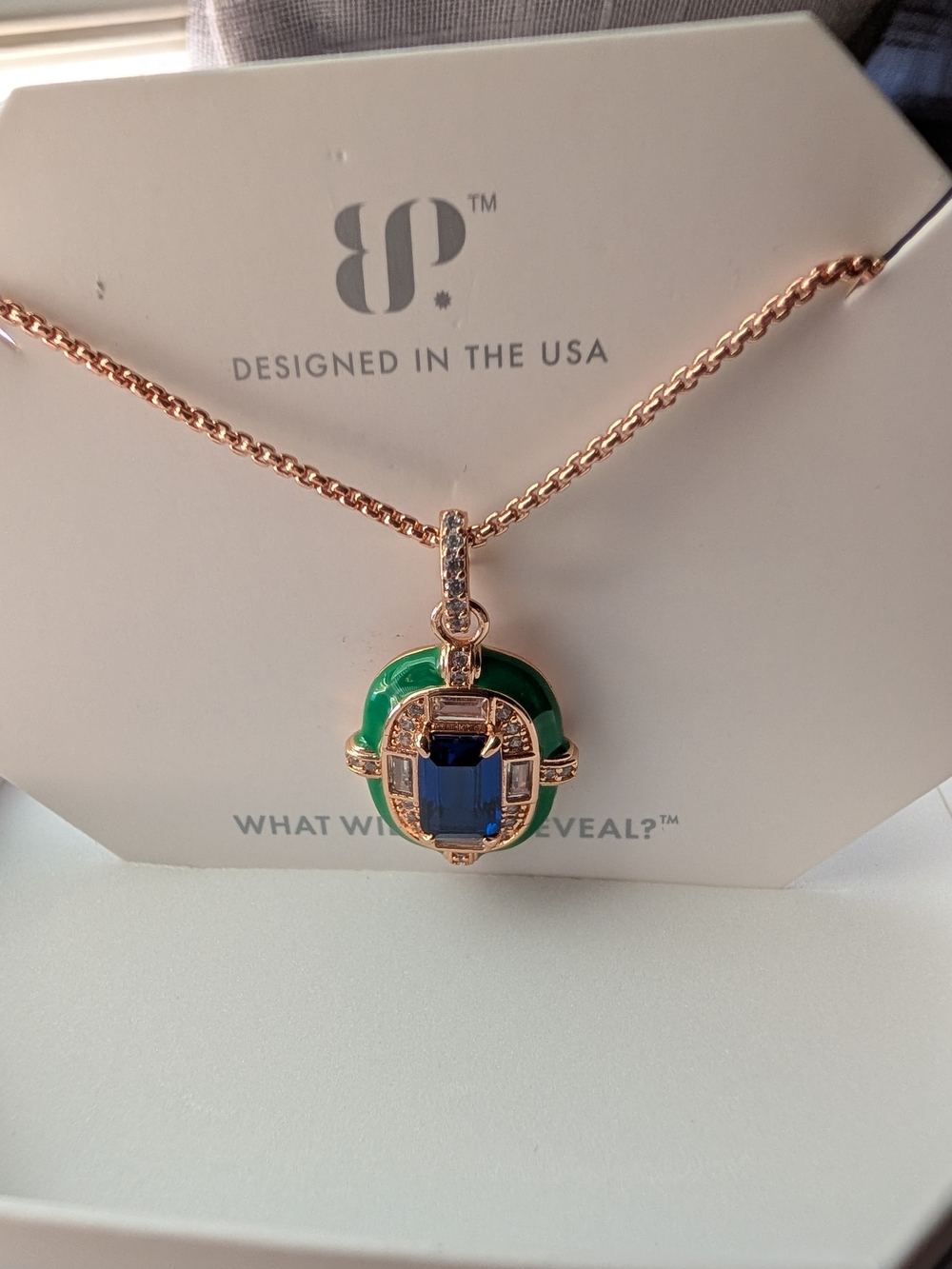 Bomb Party Rose Gold Necklace with Burma Blue Stone and Green Enamel